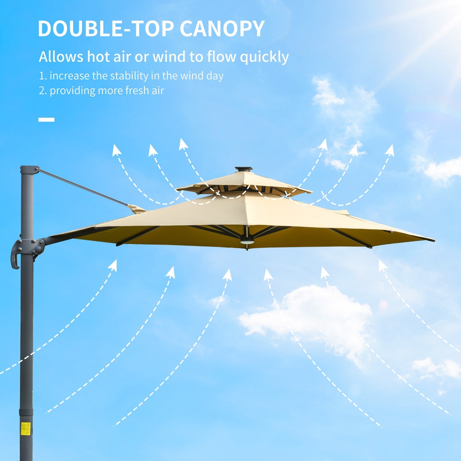 Outsunny 3m Cantilever Parasol w/ Solar Lights Power Bank Base 360° Spin Khaki